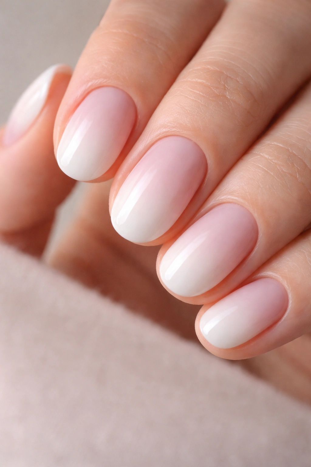 Milky pink to soft white baby boomer fade on short oval nails