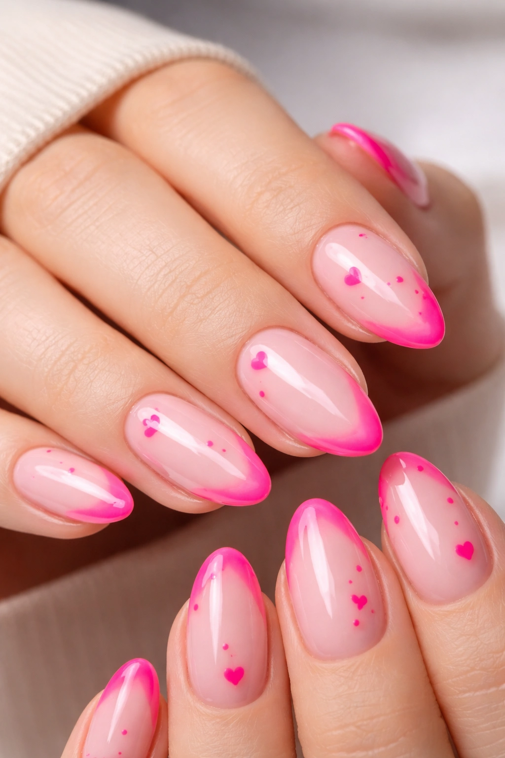 Hot pink accents on a milky pink base on short almond nails with glossy finish