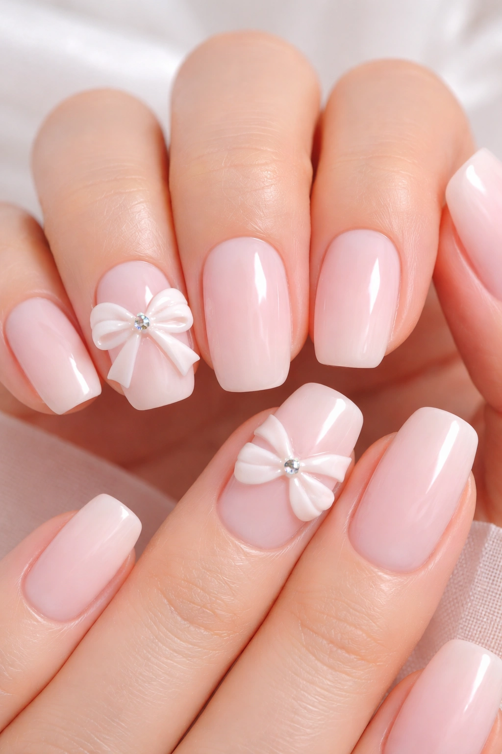 Close-up of milky pink nails with 3D ribbon bows