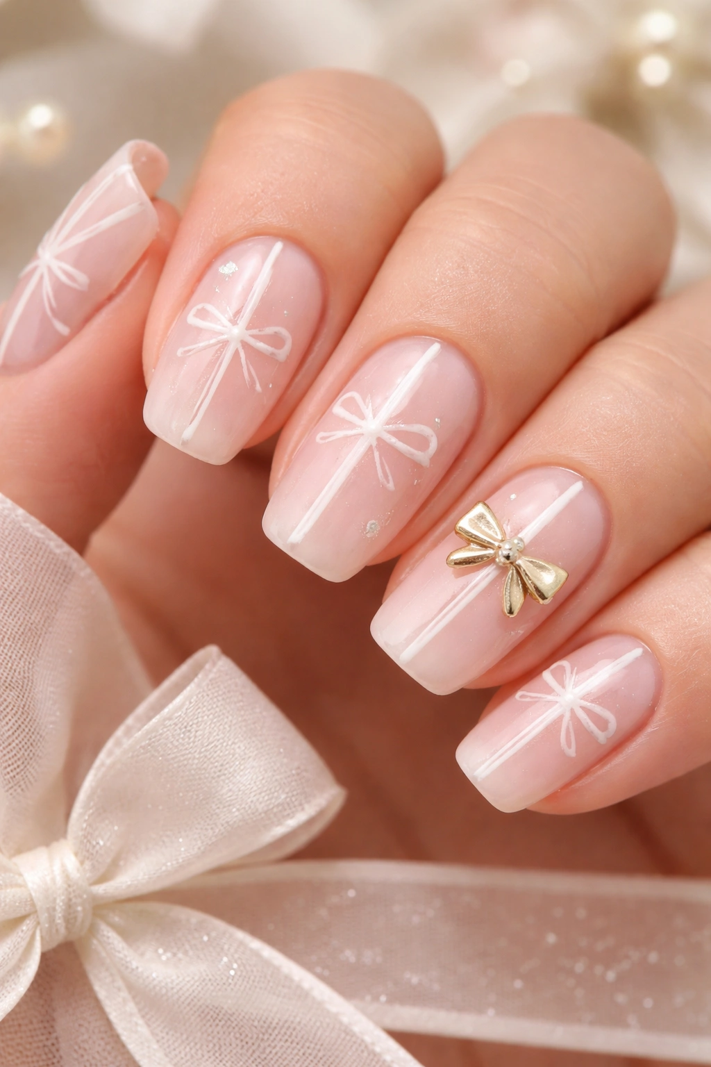 Nails with milky pink base and delicate bow designs