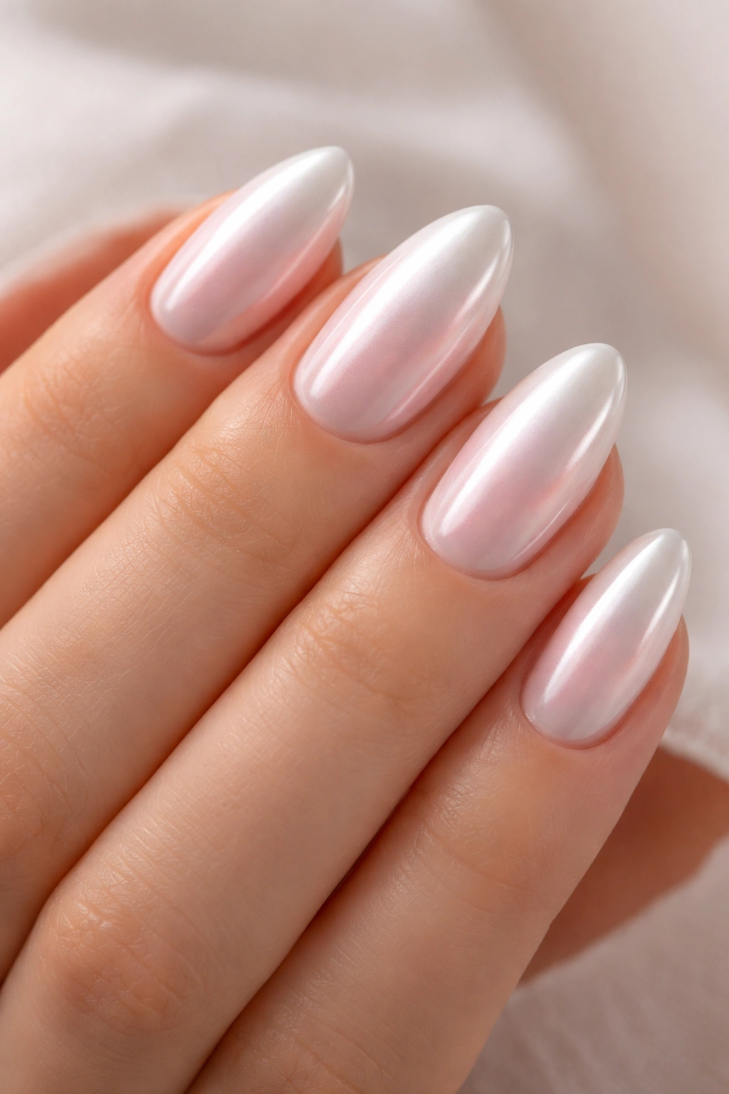 Close-up of short almond nails with milky pink base and white chrome glow