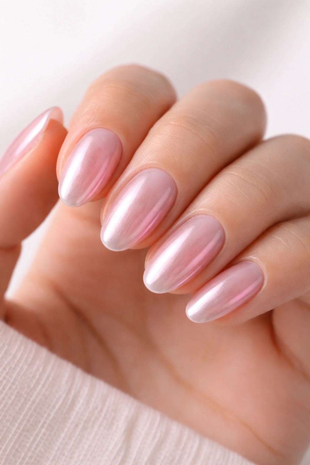 Close-up of short almond nails with milky pink chrome jelly finish