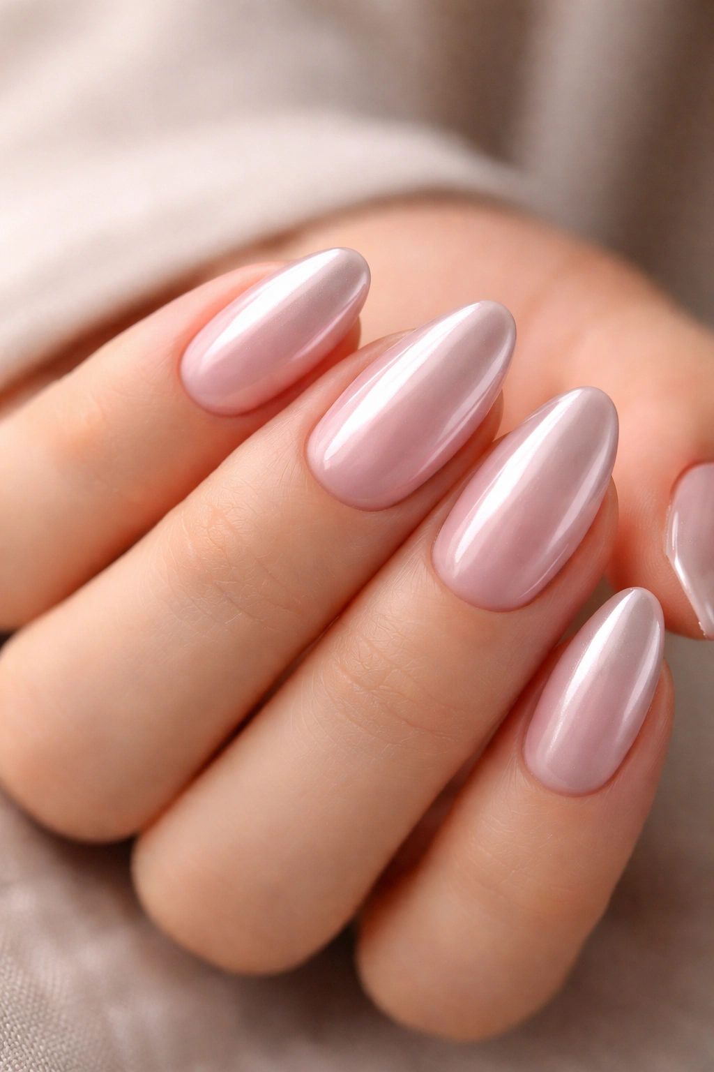 Milky pink chrome almond nails on hand with soft glow