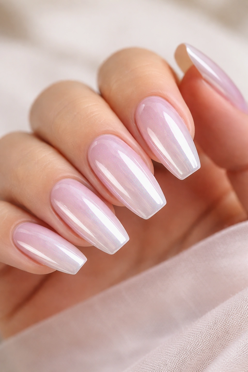 Milky pink base with glazed pearl chrome on ballerina nails