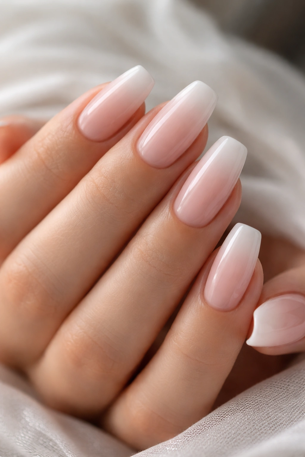 Milky pink French fade on ballerina nails with soft white tips