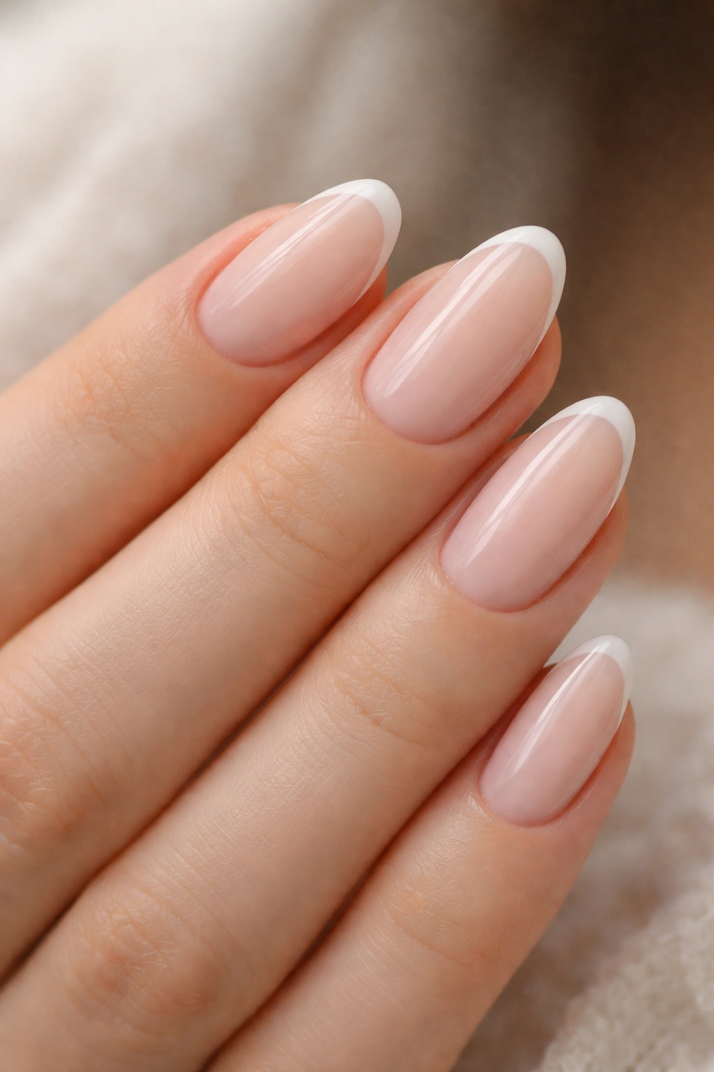 Close-up of short almond nails with milky pink base and thin white smile line