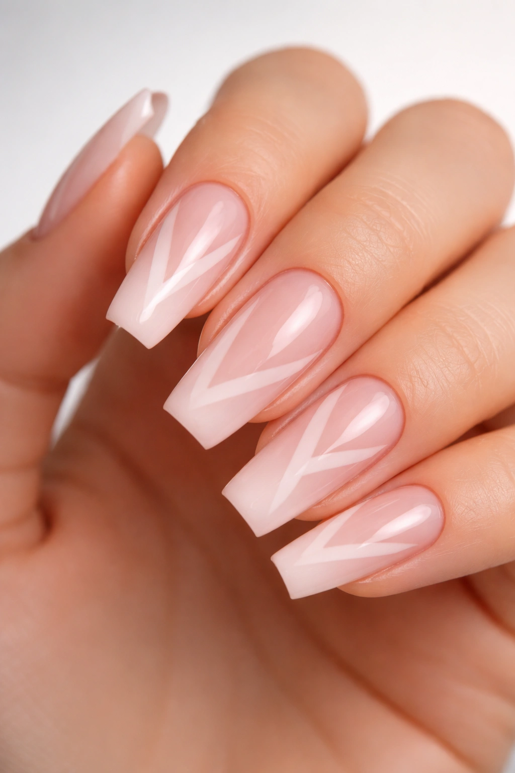 Milky pink coffin nails with negative space geometric patterns