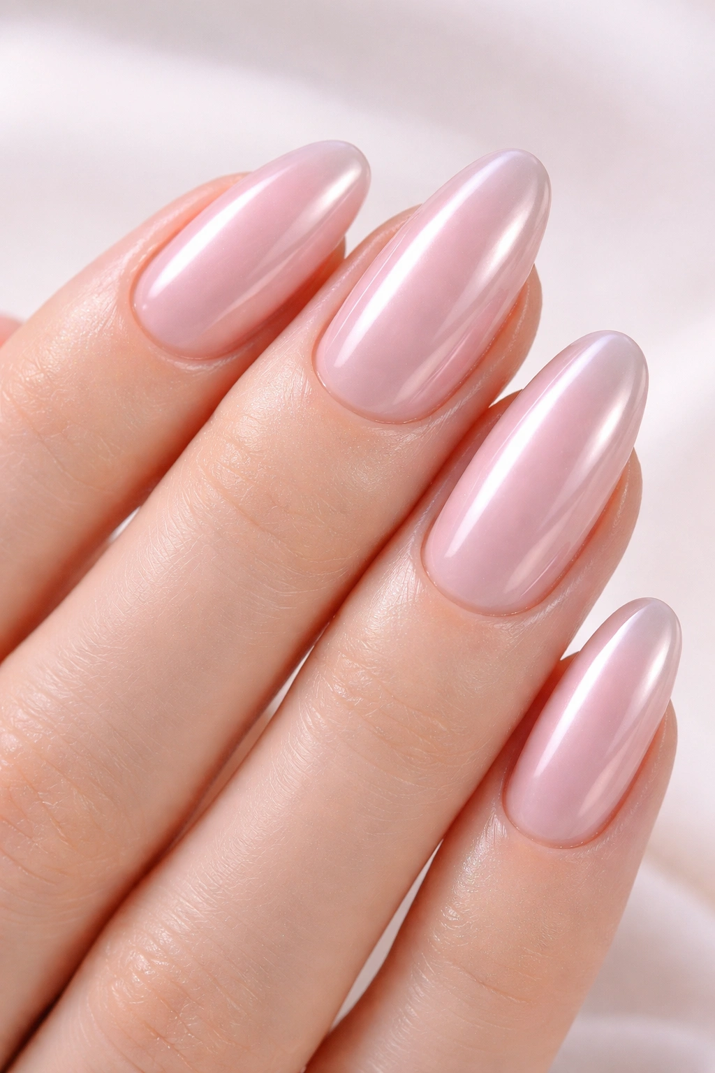 Close-up milky pink nails with glazed chrome finish