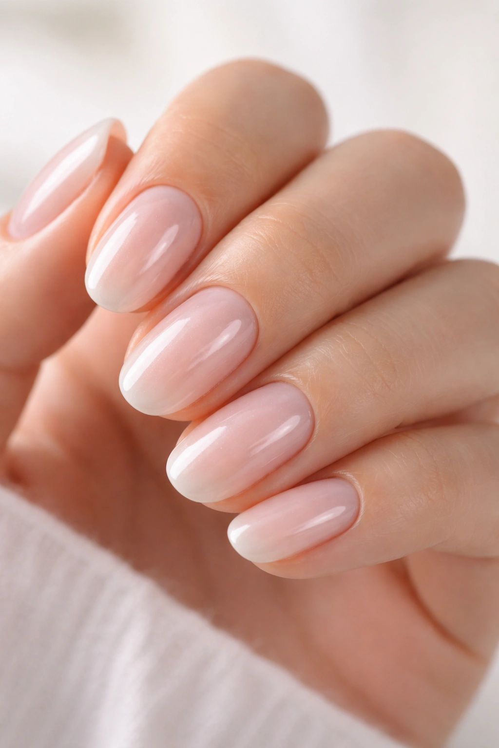 Close-up of short oval nails with sheer milky pink glaze and pearlescent topcoat