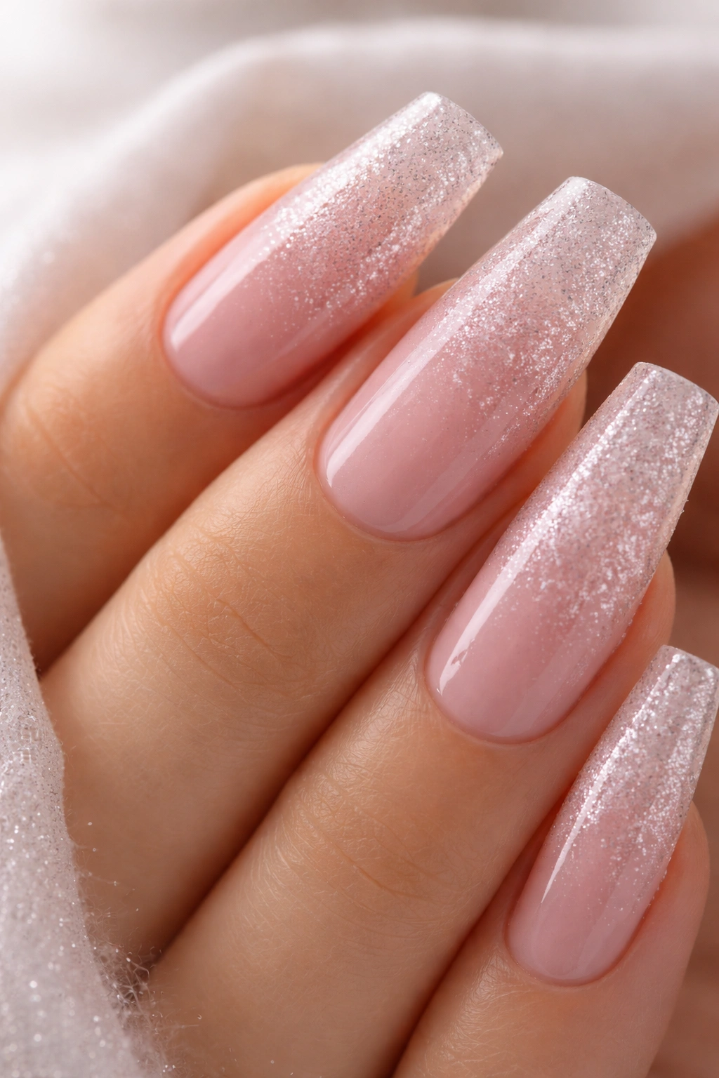 Milky pink nails with fine silver glitter embedded, coffin shape