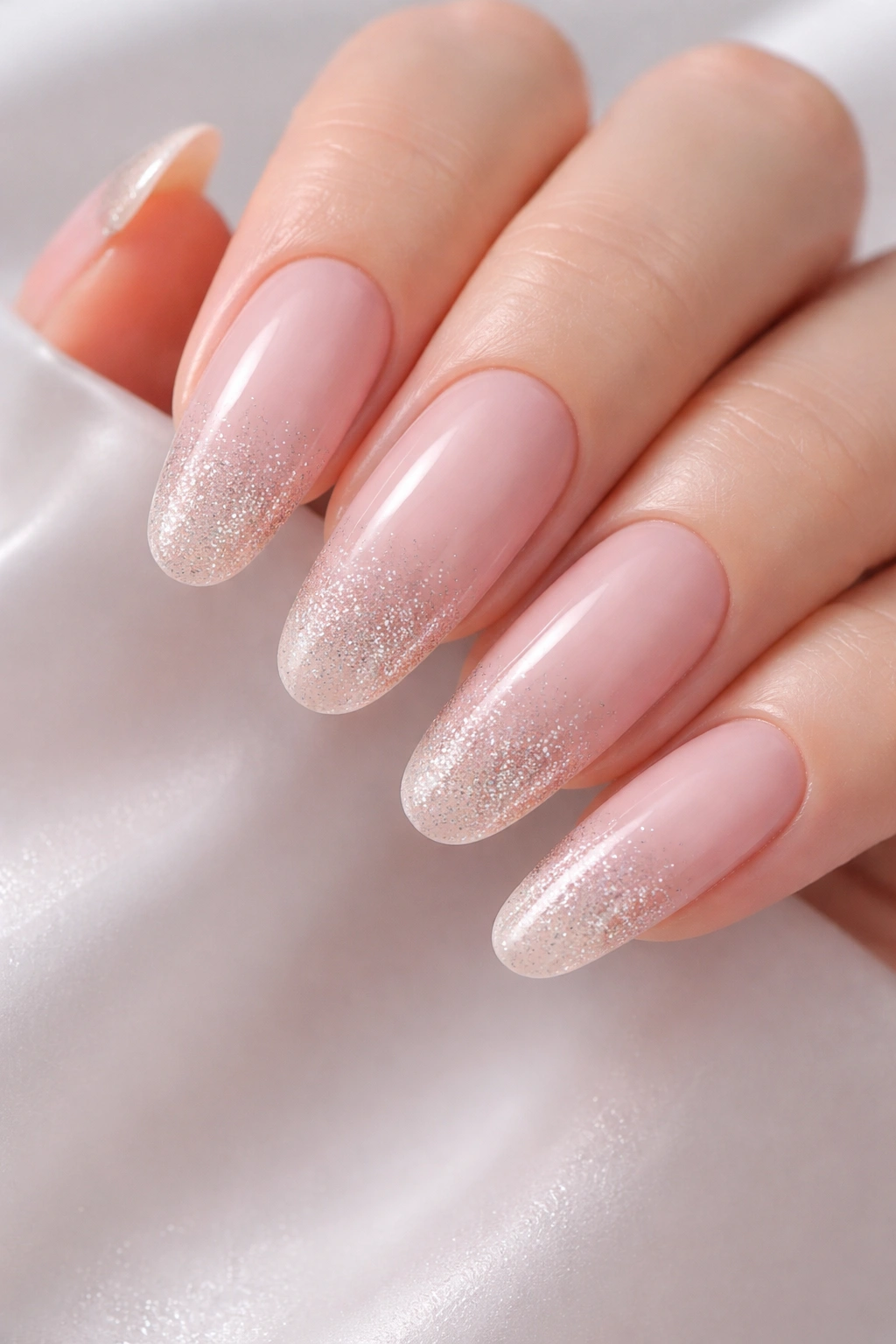 Milky pink nails with micro glitter ombre at tips