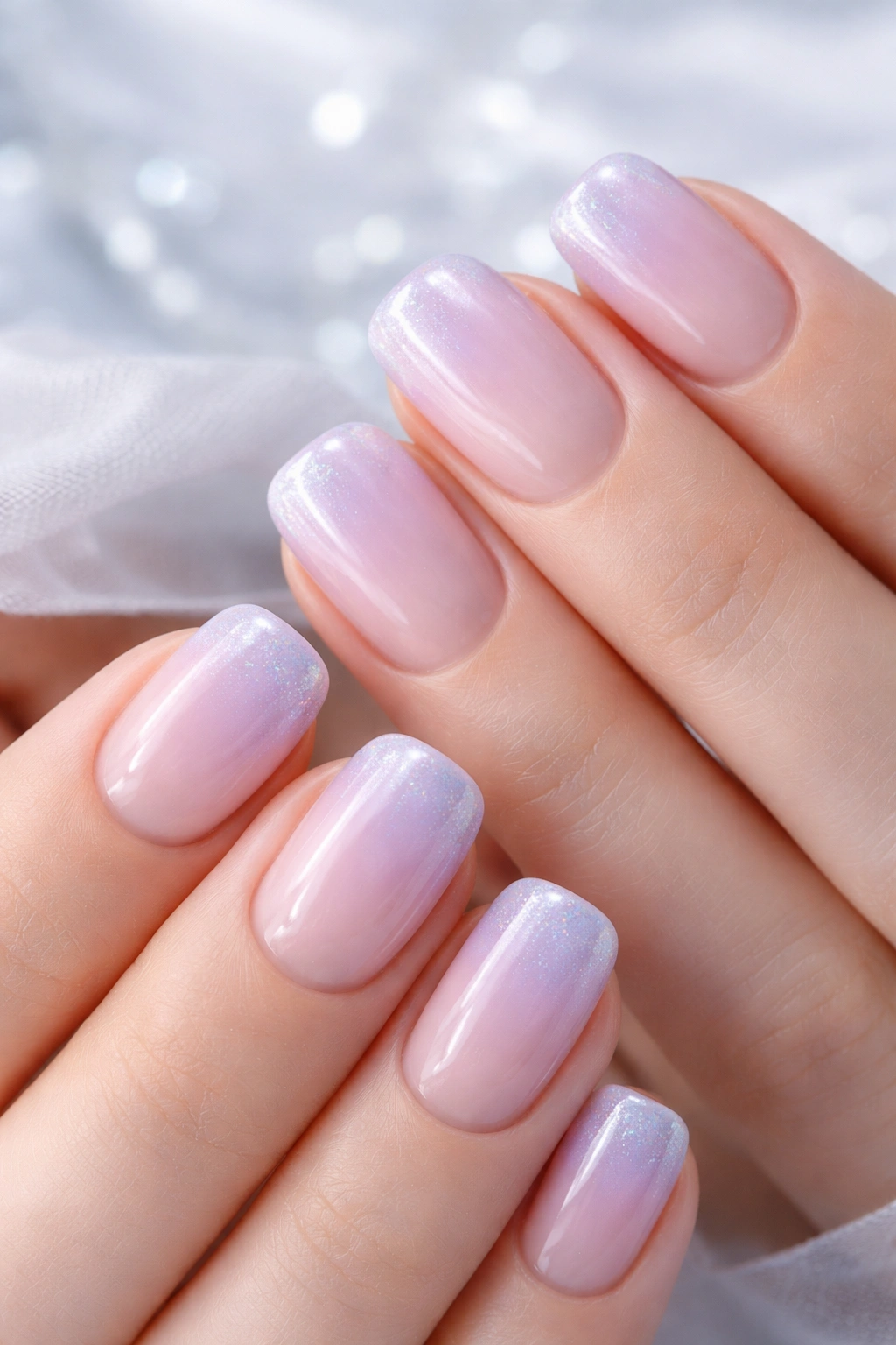 Close-up of hands with milky pink and lavender French tips on short nails.
