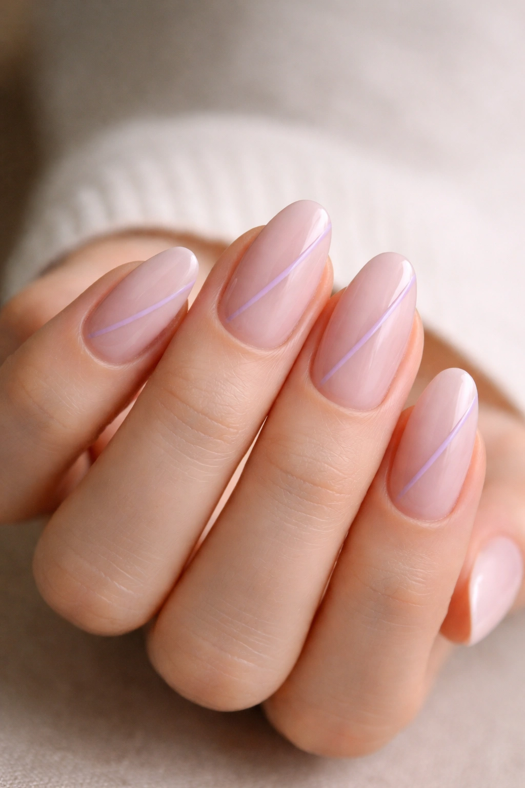 Milky pink nails with a single diagonal lilac line
