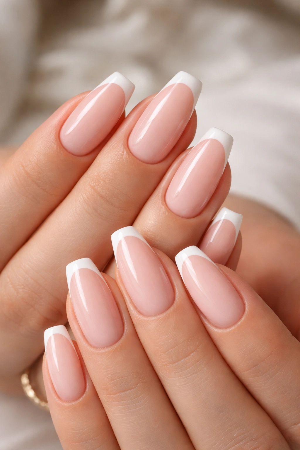 Close-up of hands with milky pink base and slim white micro-French tip on ballerina nails