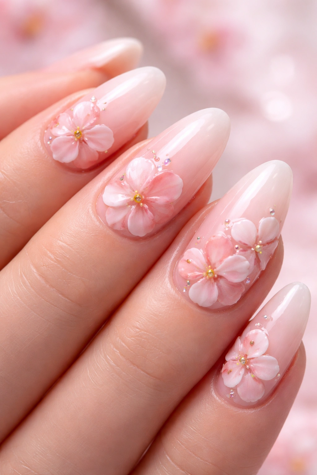 Close-up of 3D cherry blossom petals on milky pink nails