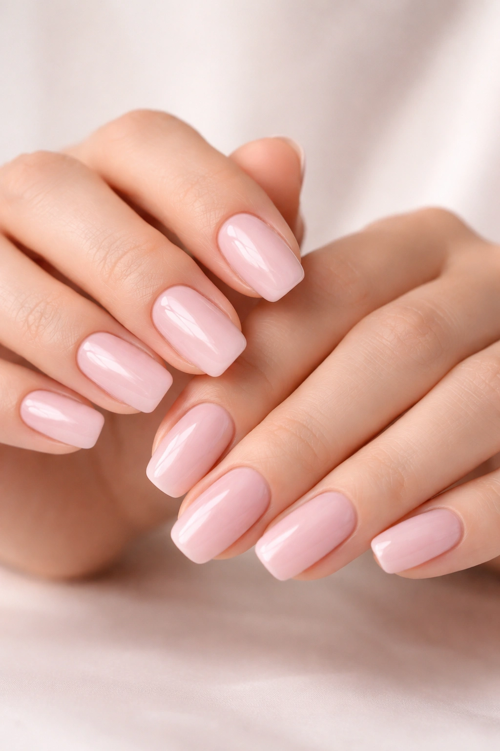 Close-up of milky pink nails with creamy semi-opaque finish