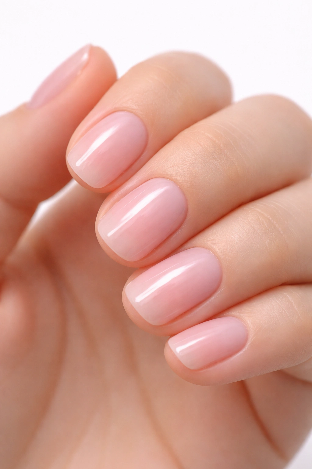 Close-up of short nails painted milky pink with a glossy sheer finish