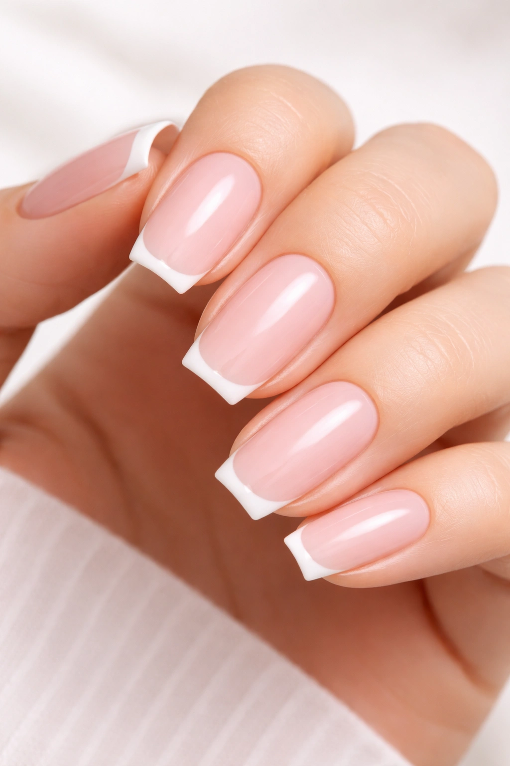 Close-up of nails with milky pink translucent base and ultra-thin white tips.