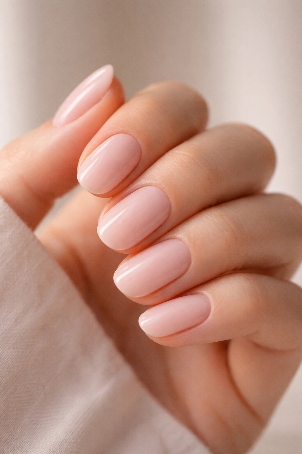 Close-up of milky pink short oval nails with translucent finish on a bare hand