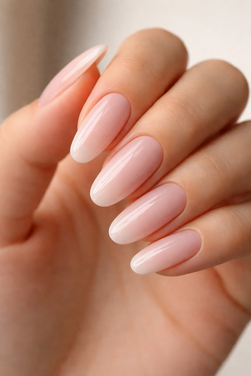 Long oval nails with milky sheer pink polish and shiny top coat
