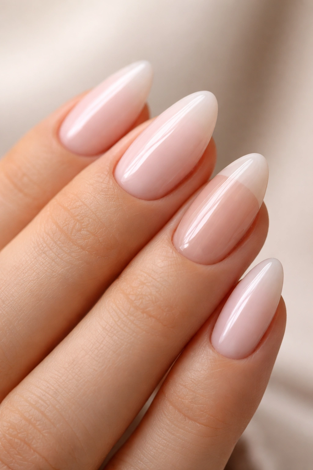 Close-up of milky pink almond nails with one bare accent nail