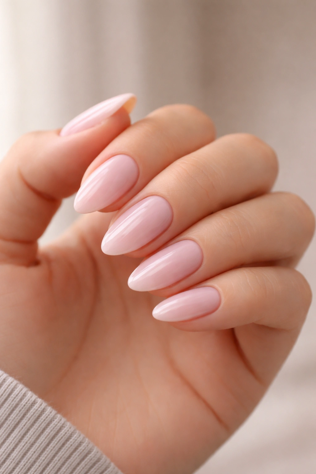 Close-up of milky pink almond nails on a hand with glossy finish