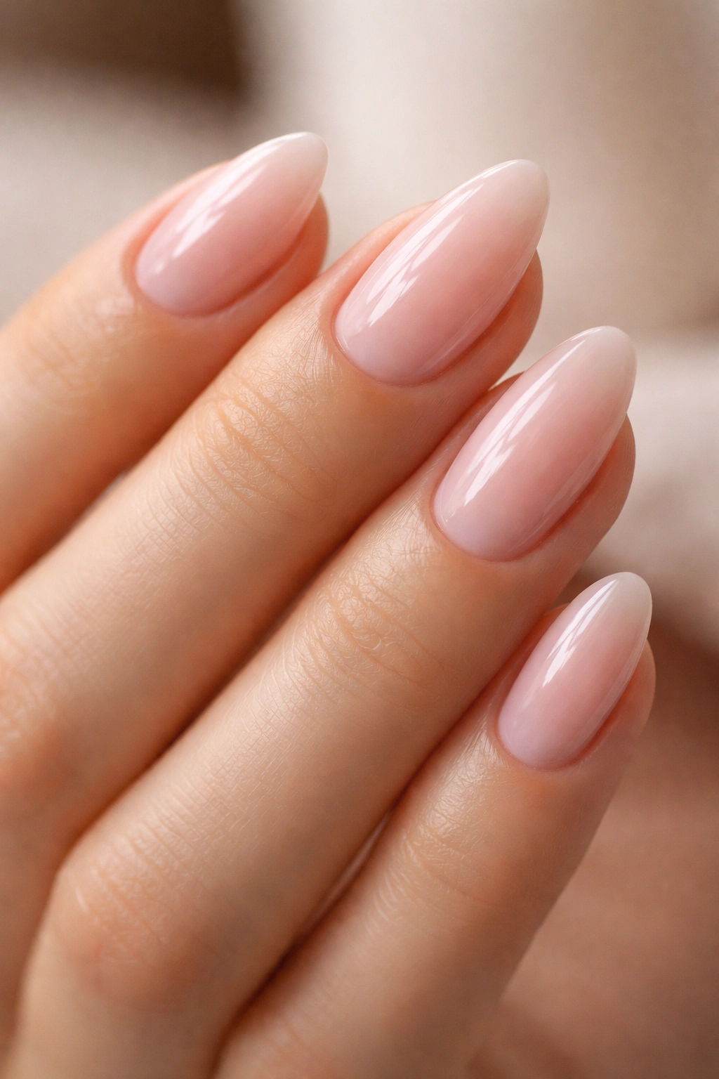 Close-up of milky pink almond nails with glossy finish and moisturized cuticles
