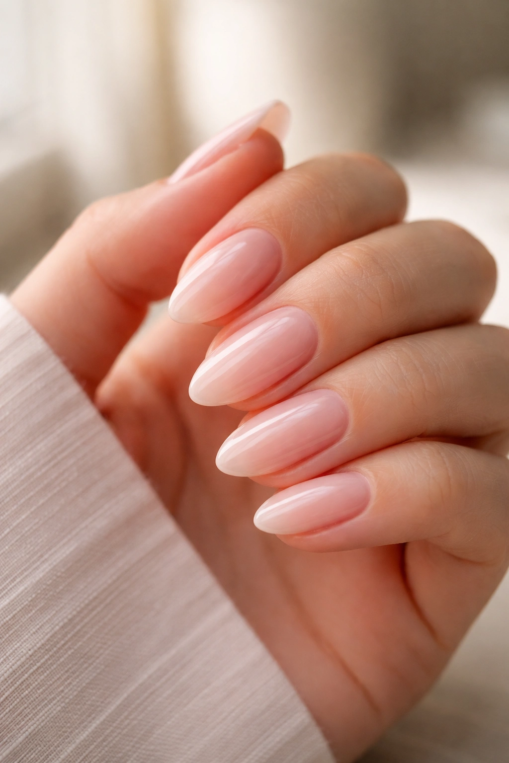 Close-up of short almond nails with sheer milky pink polish and glossy finish