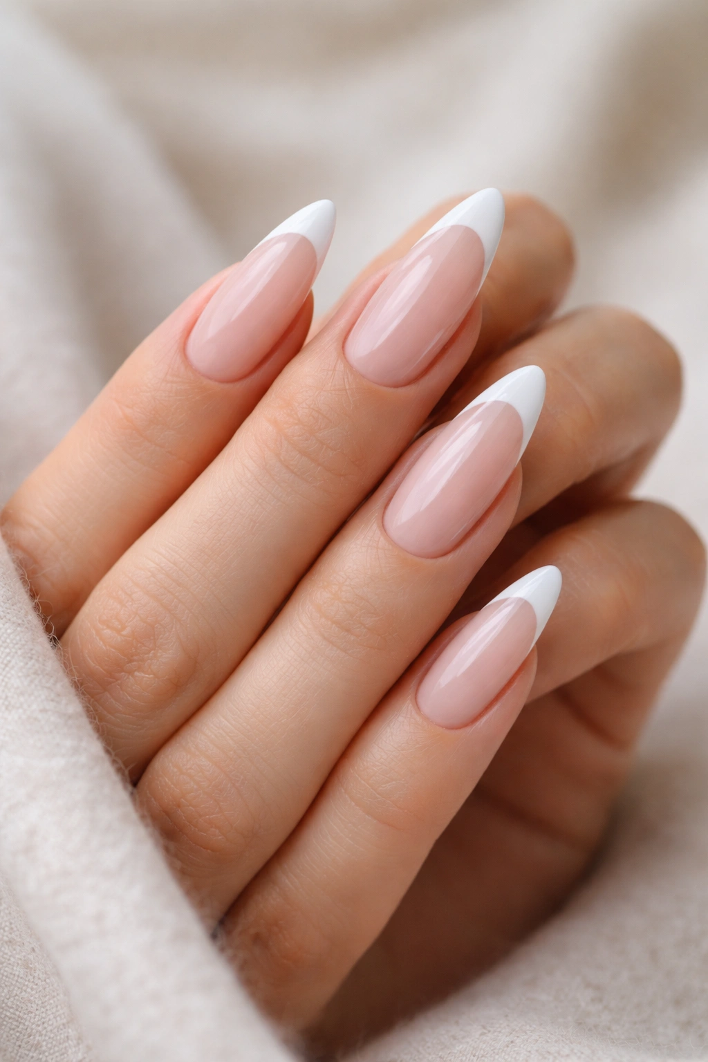 Close-up of long almond nails with milky pink base and narrow white tips.