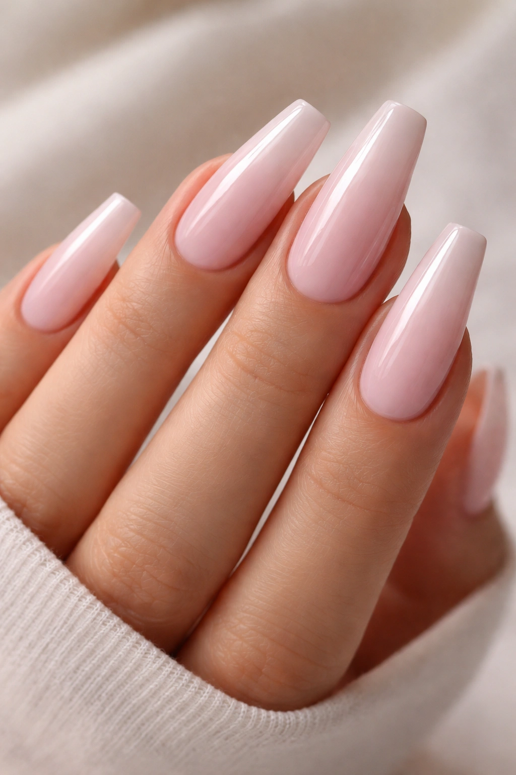 Close-up of milky pink ballerina nails with cloudy finish and tapered tips.