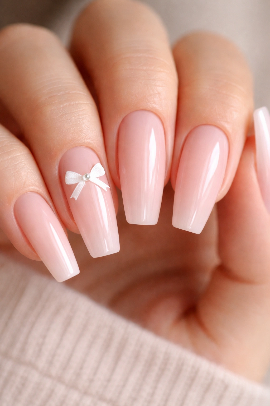 Milky pink nails with tiny white bows on accent nails
