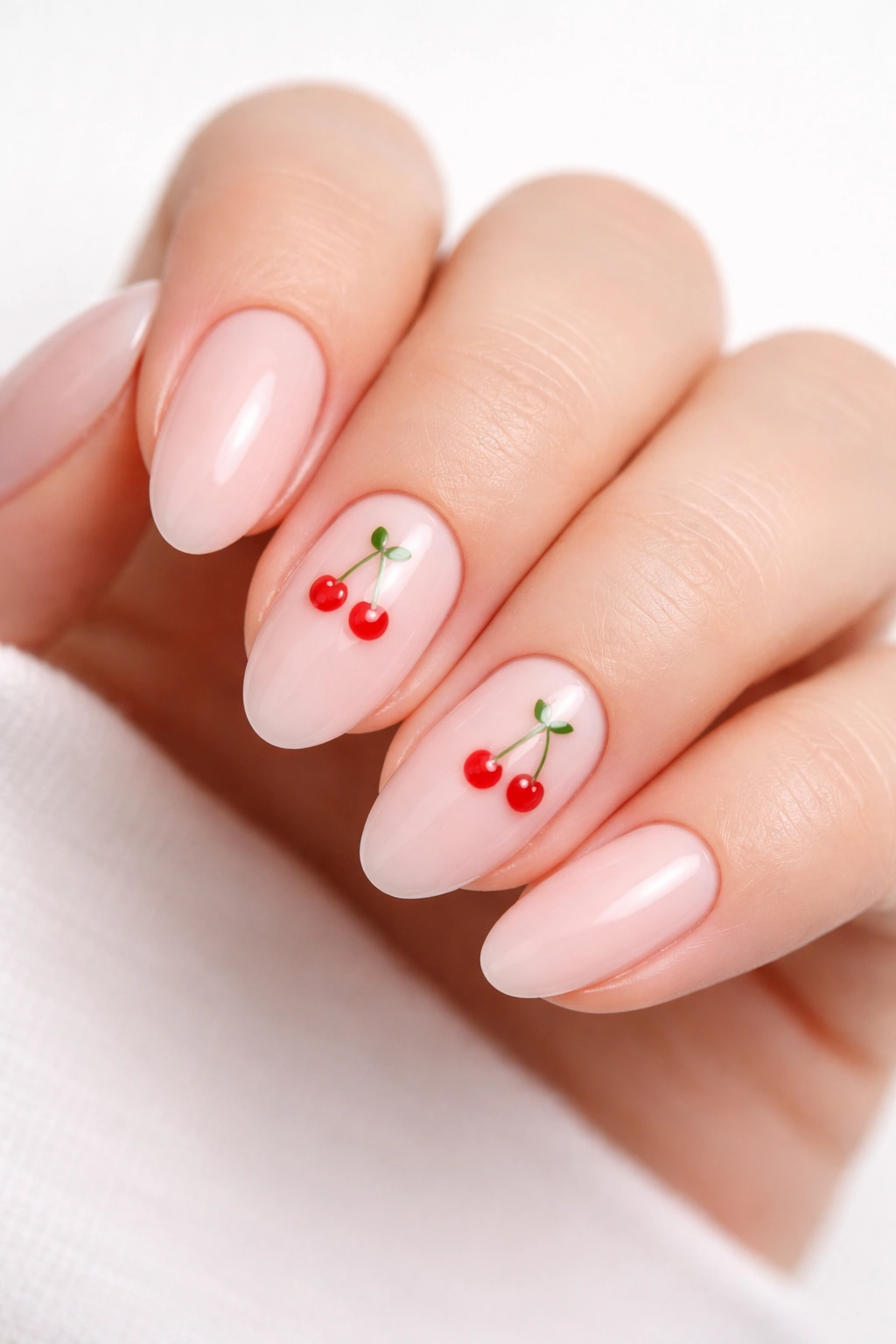 Close-up of milky pink nails with red cherry art on accent nails.