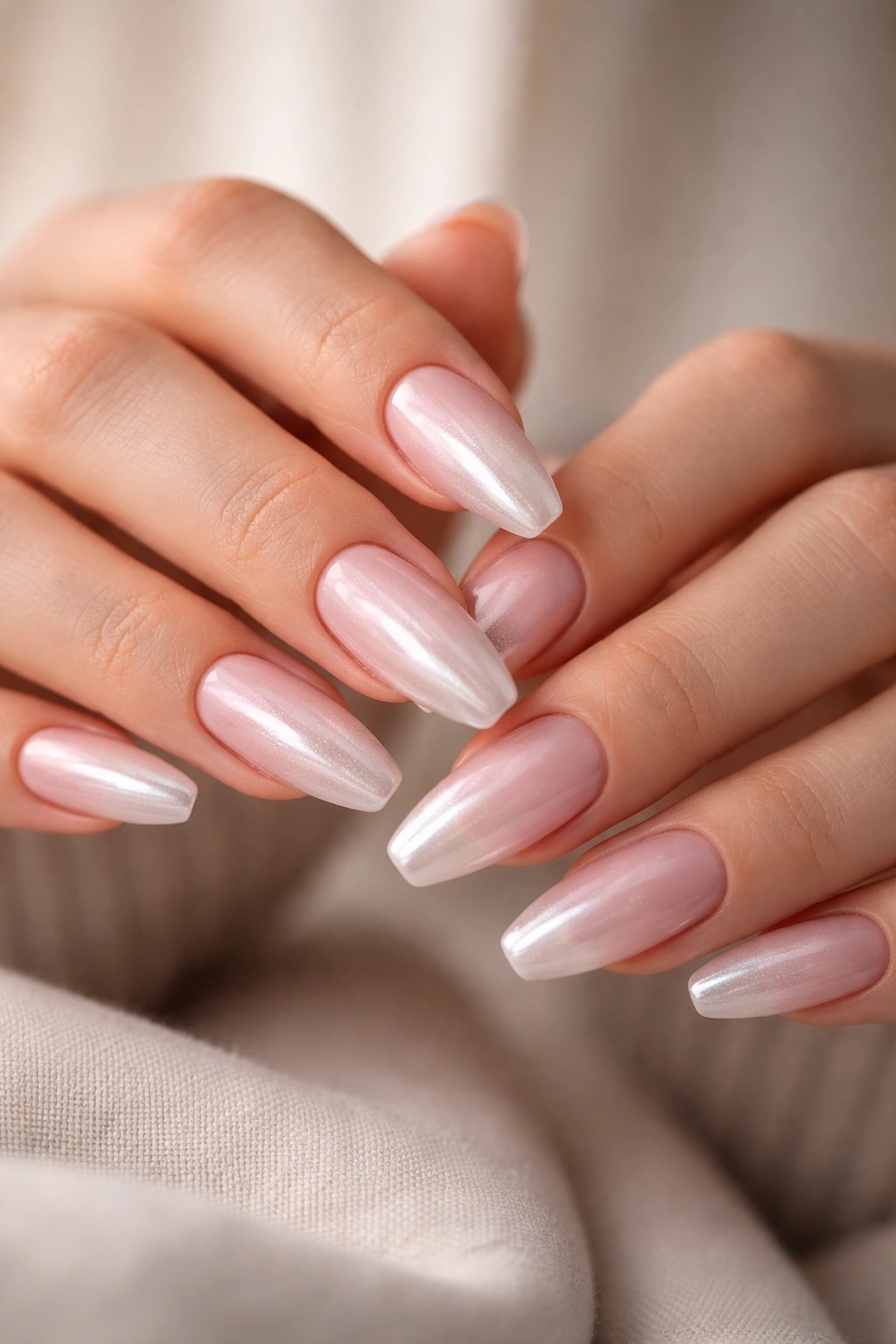 Close-up of milky pink ballerina nails with soft pearl chrome finish