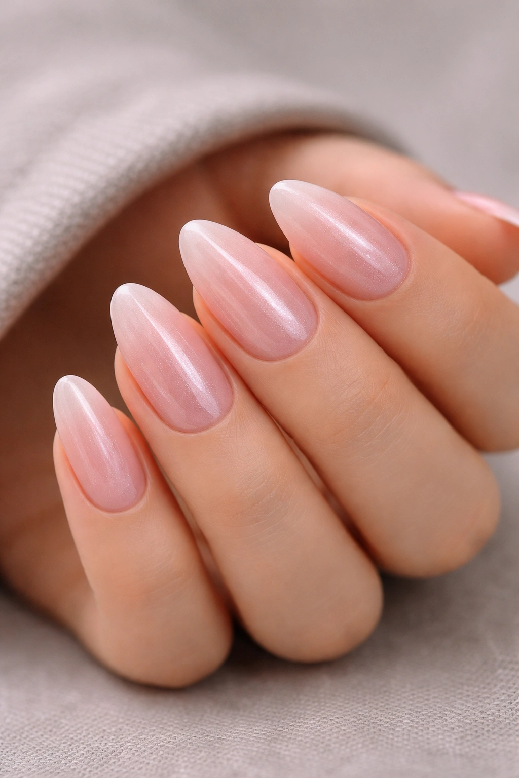 Close-up of milky pink almond nails with chrome dust on a hand