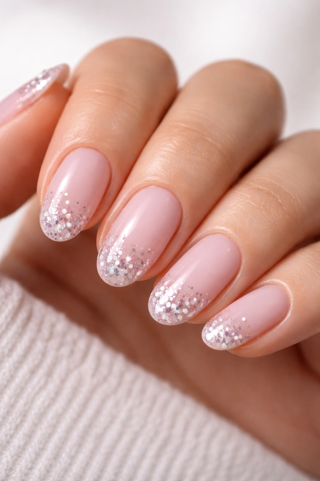 Close-up of milky pink nails with chunky glitter tips on short almond nails