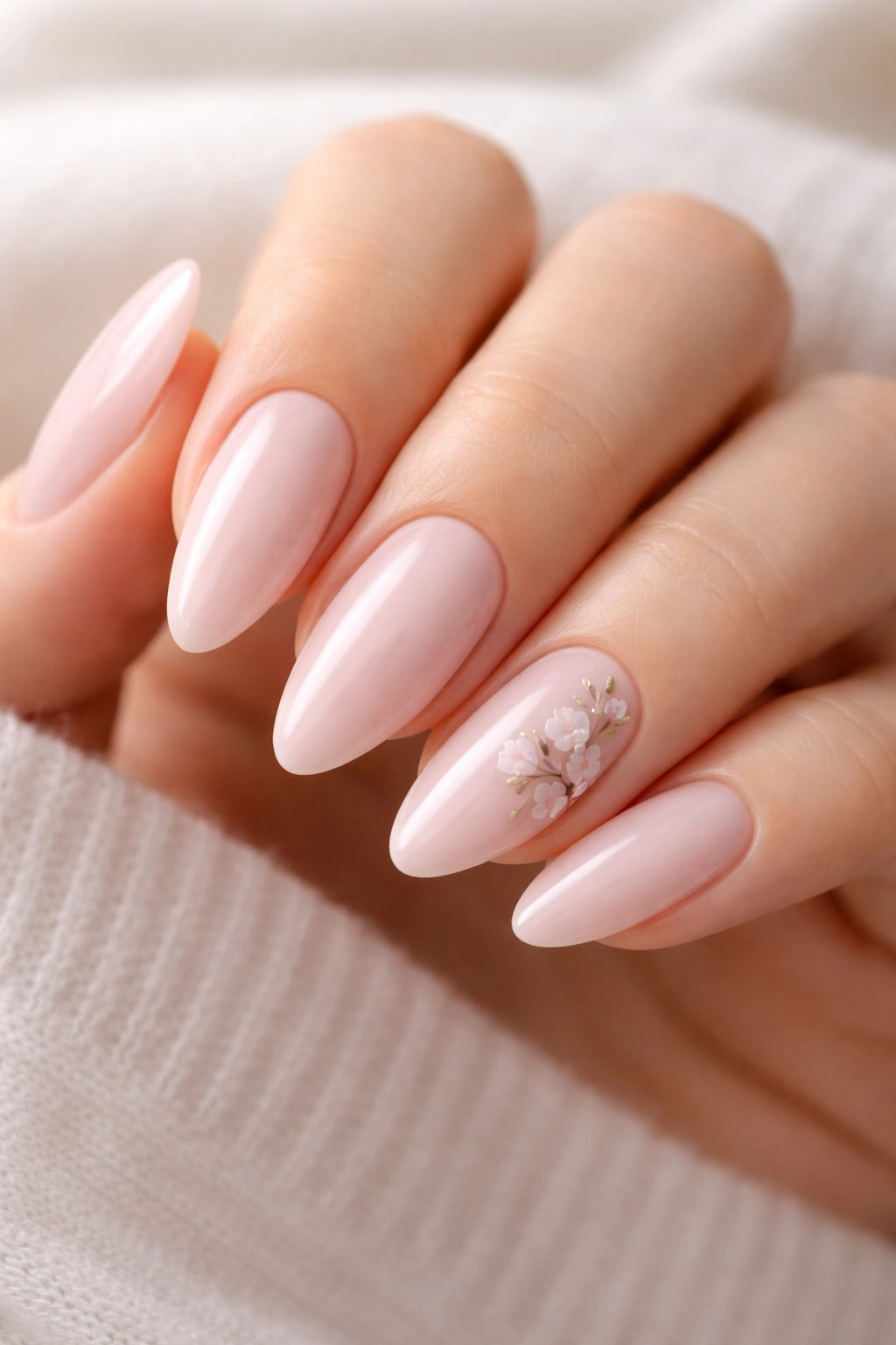 Almond nails with soft floral art on one accent nail