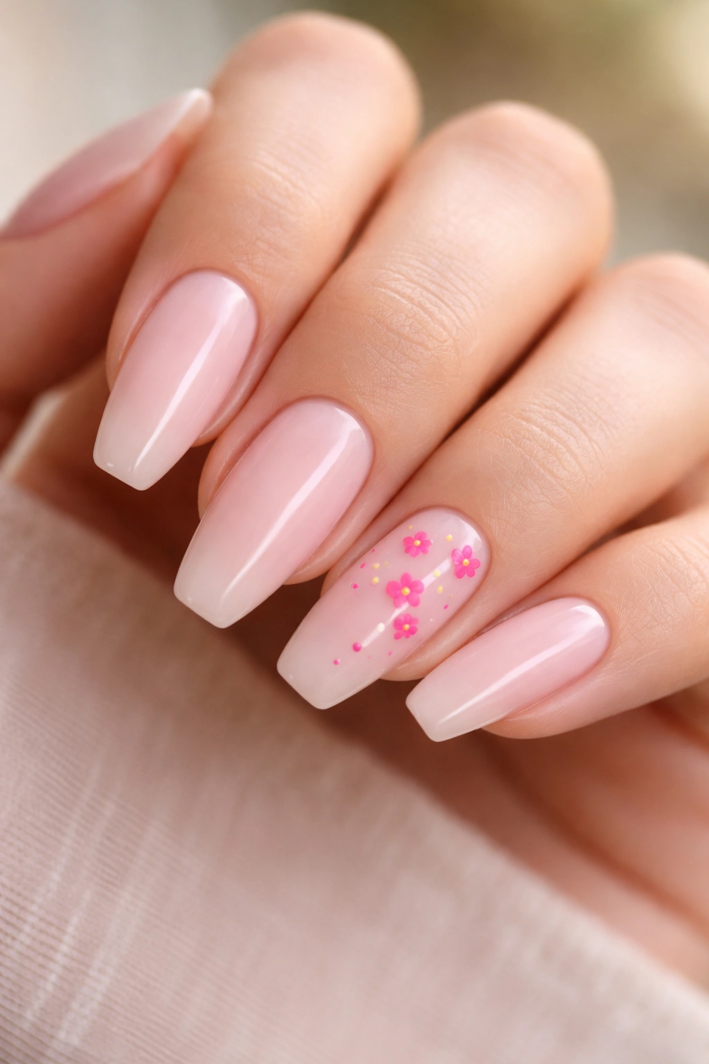 Close-up of milky pink nails with tiny hot pink flower accents on two nails