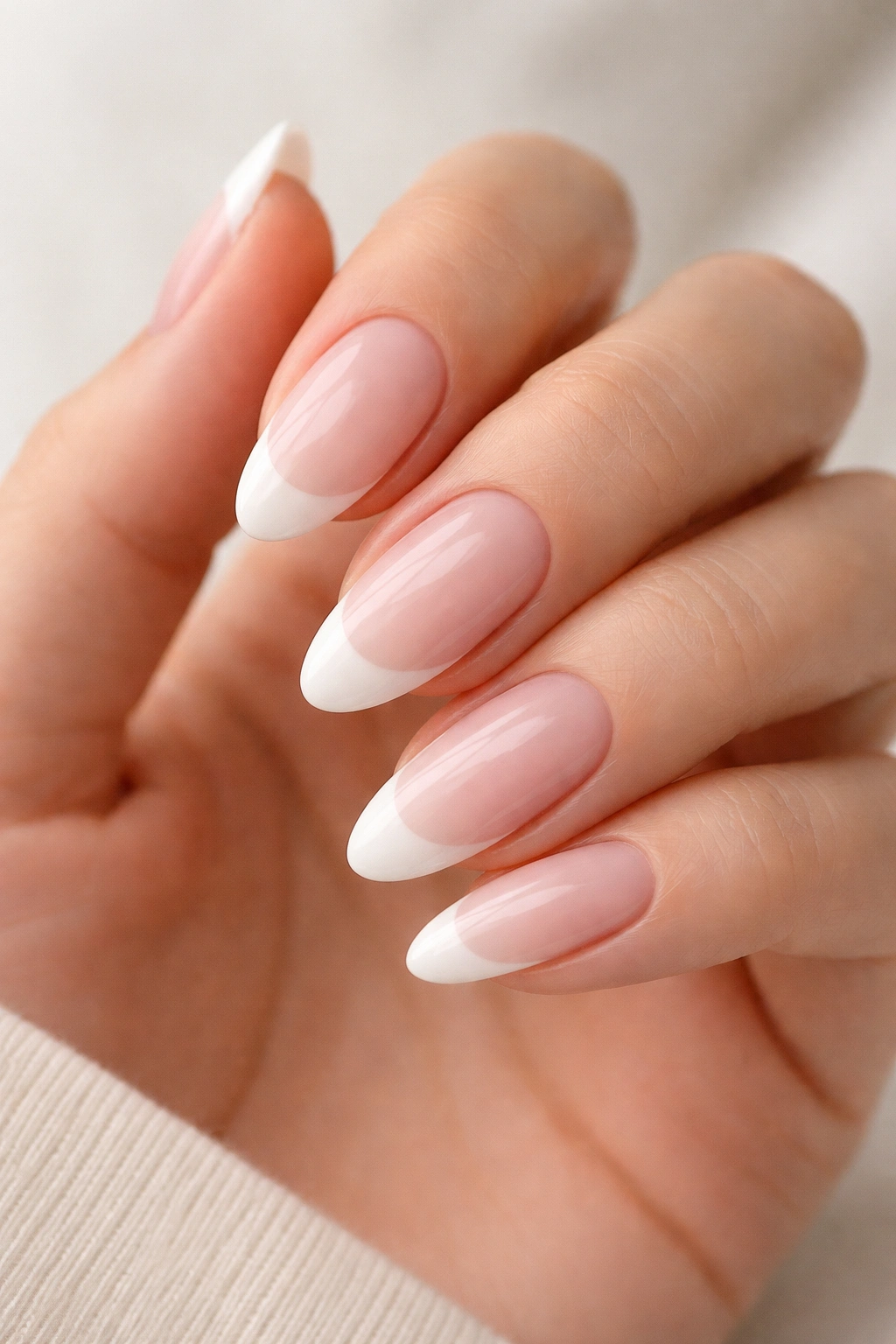 Close-up of almond nails with milky pink base and white French tips.