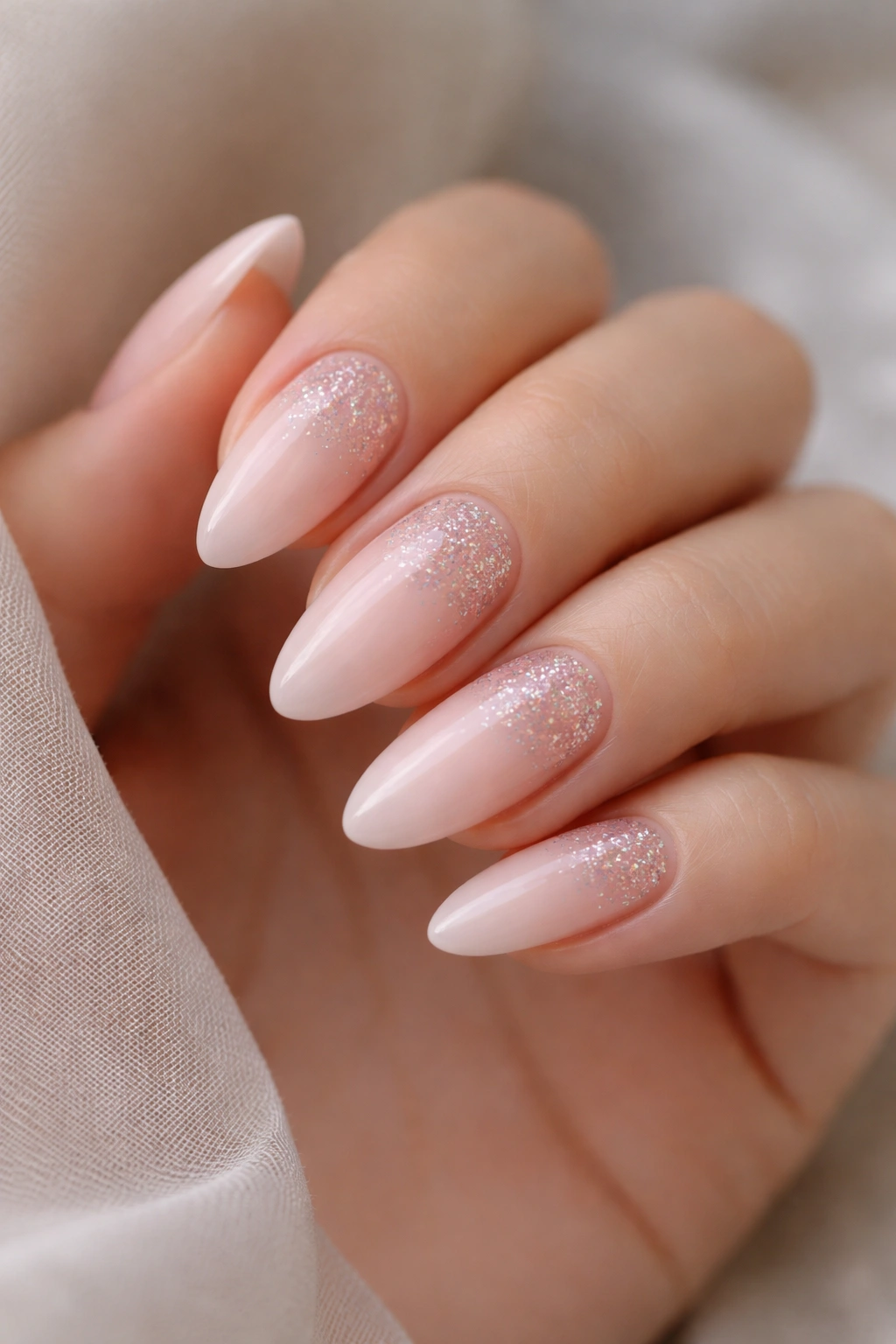 Close-up of milky pink almond nails with glitter fade