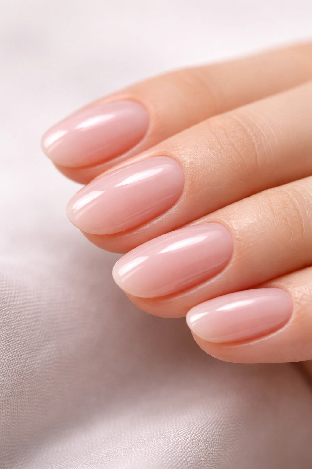 Close-up of short oval nails with sheer milky pink polish and glossy finish