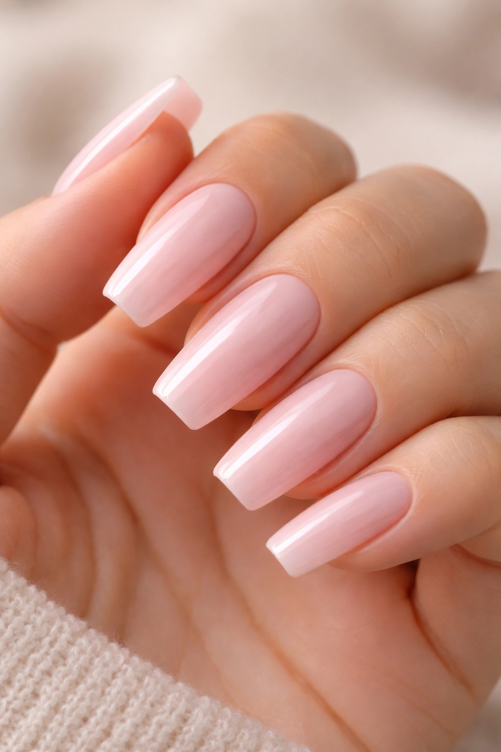 Milky baby pink nails with high-gloss finish on hand