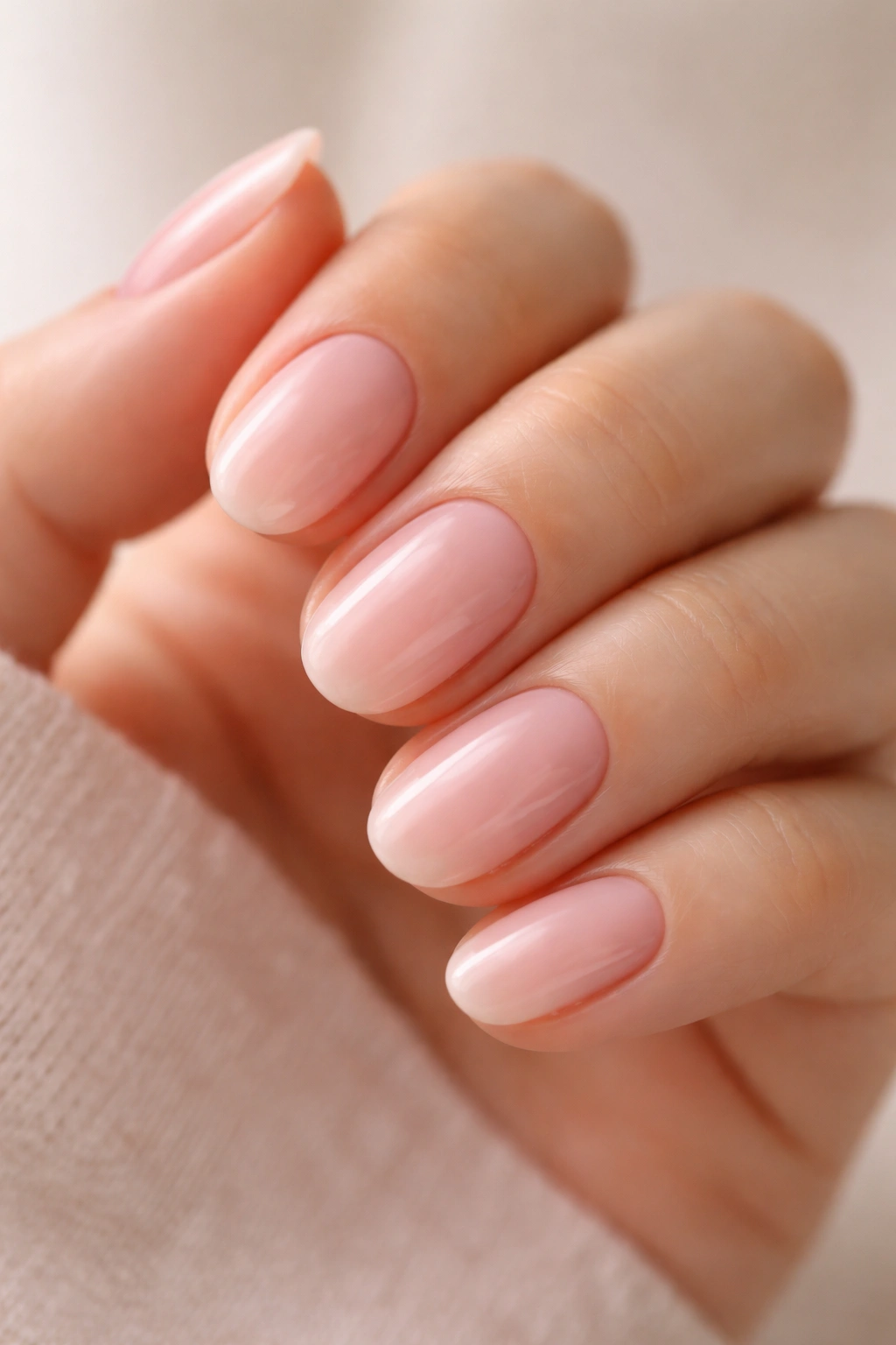 Close-up of short oval nails with milky pink semi-sheer glow