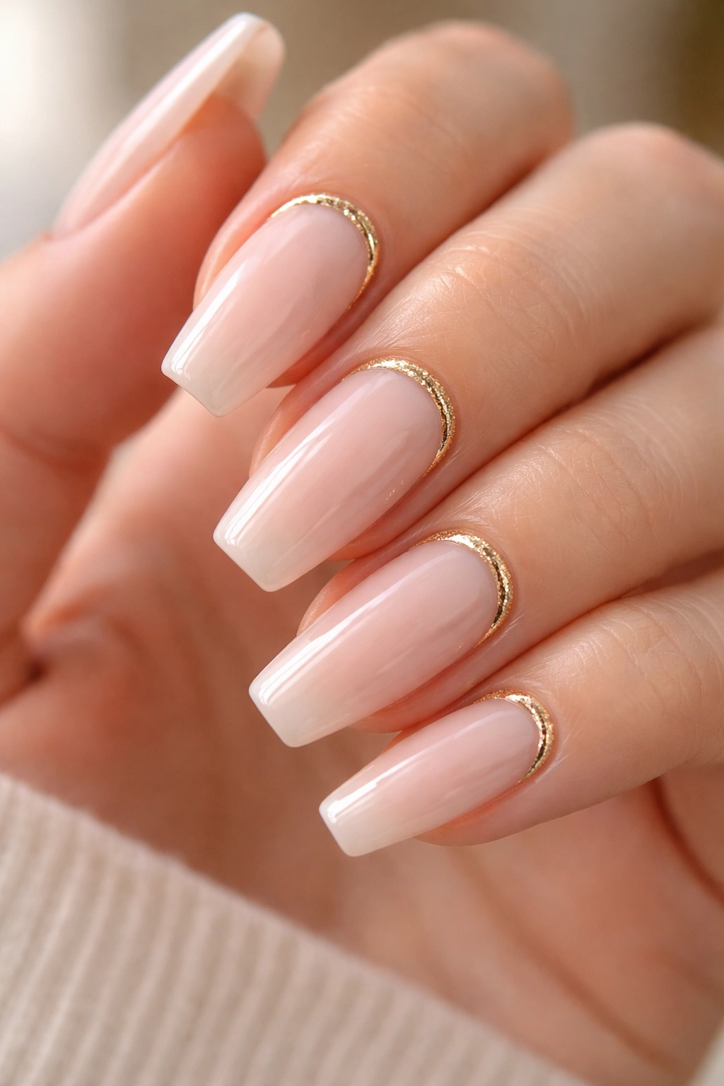 Milky pink nails with gold cuticle cuffs.