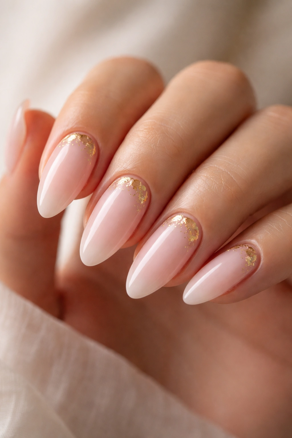 Almond nails with milky pink base and gold foil flecks