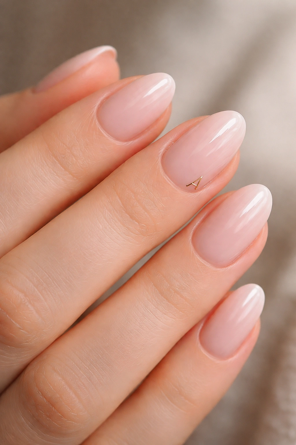 Close-up of short almond nails in sheer milky pink with a tiny gold initial glyph near the cuticle