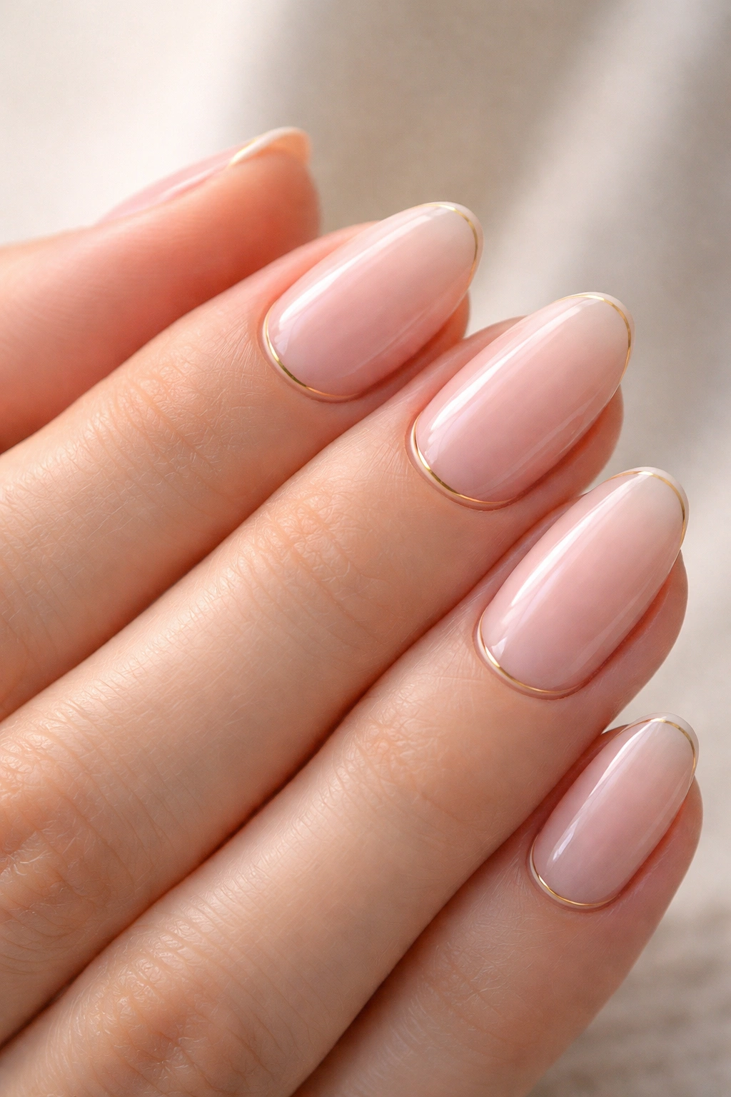 Close-up of milky pink almond nails with a fine gold line
