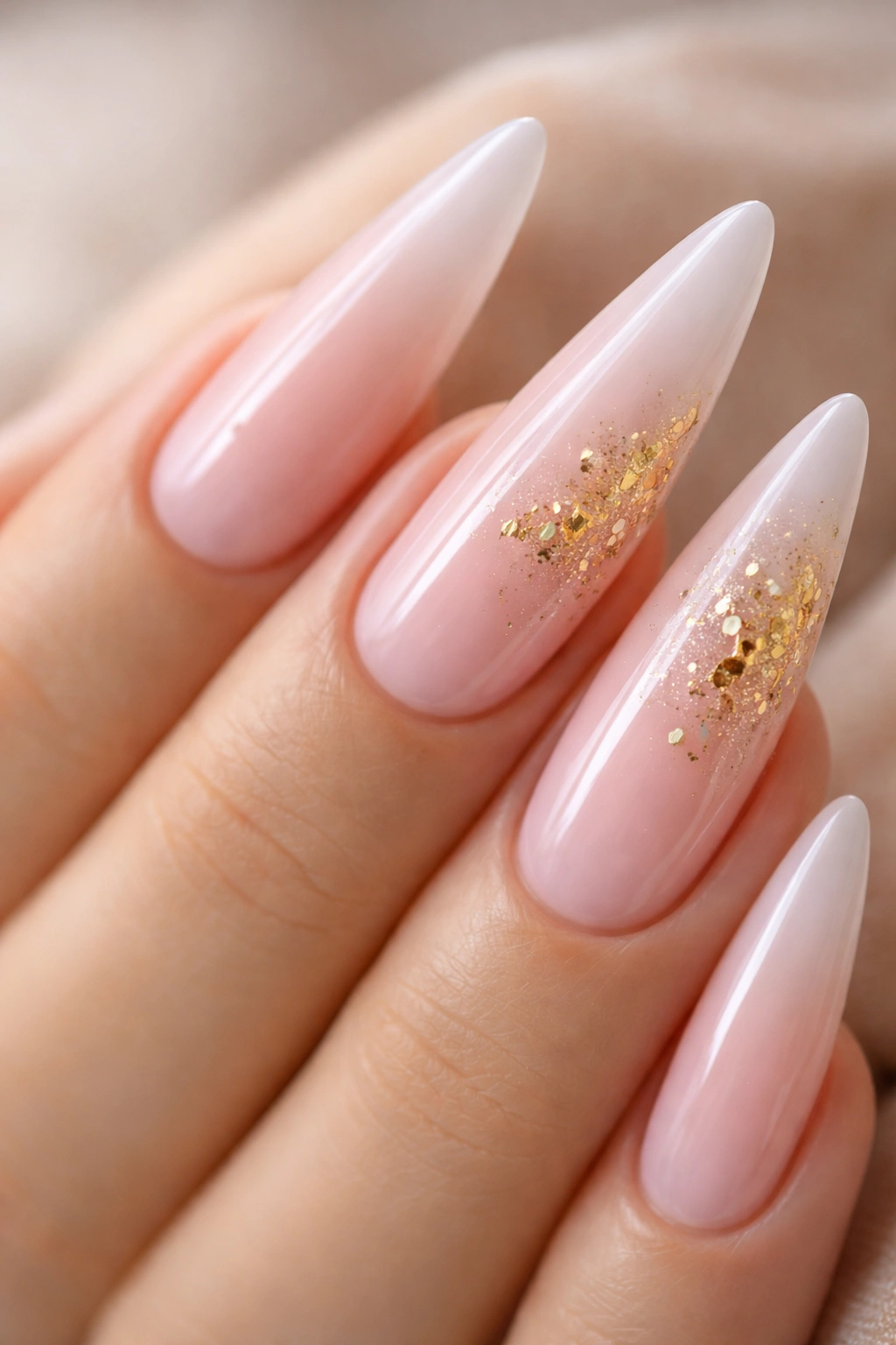 Close-up milky pink stiletto nails with gold leaf accents on a neutral background.