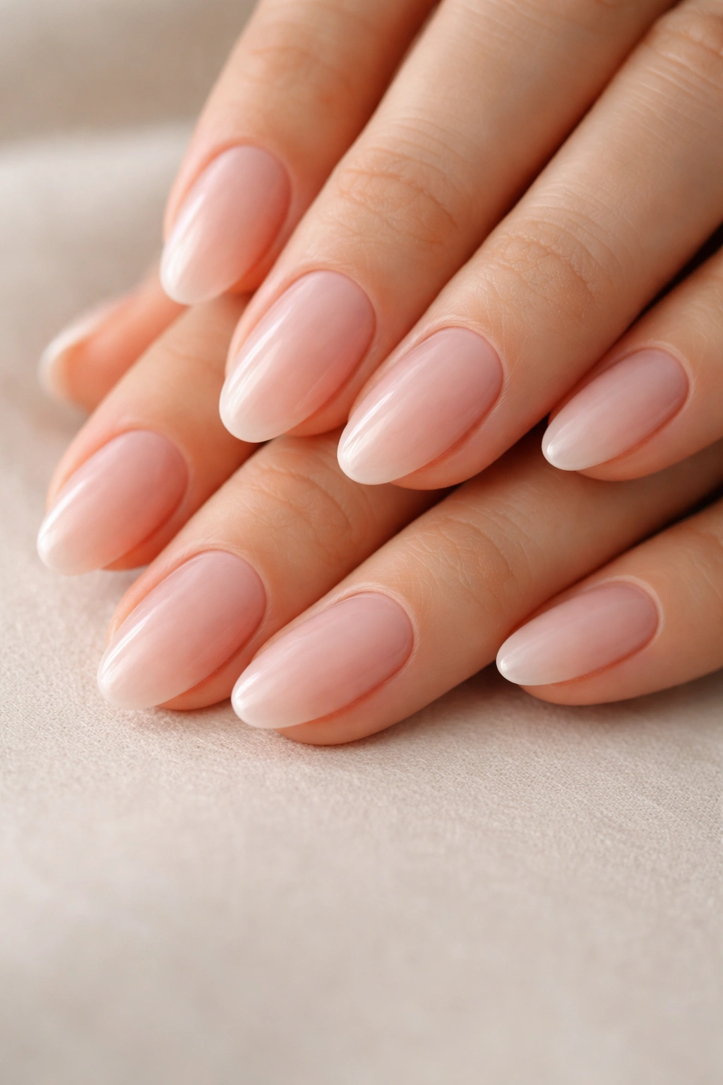 Close-up of milky pink short almond nails with glossy finish.