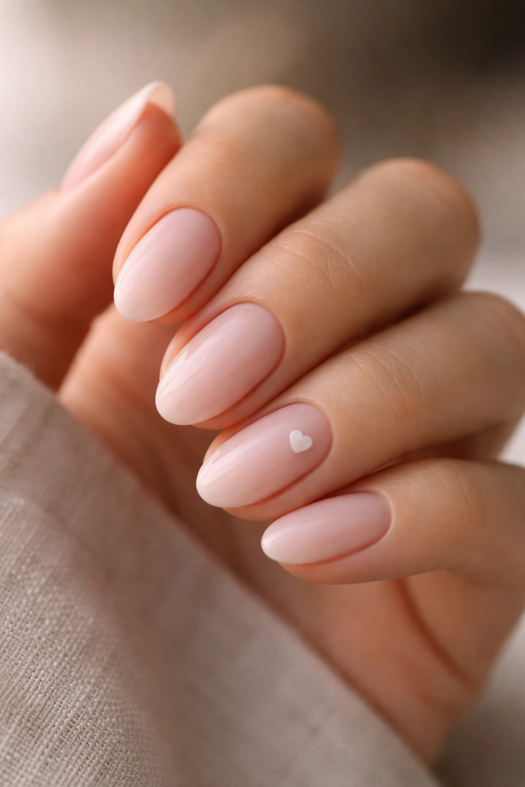Close-up of milky pink almond nails with a tiny heart accent on one nail