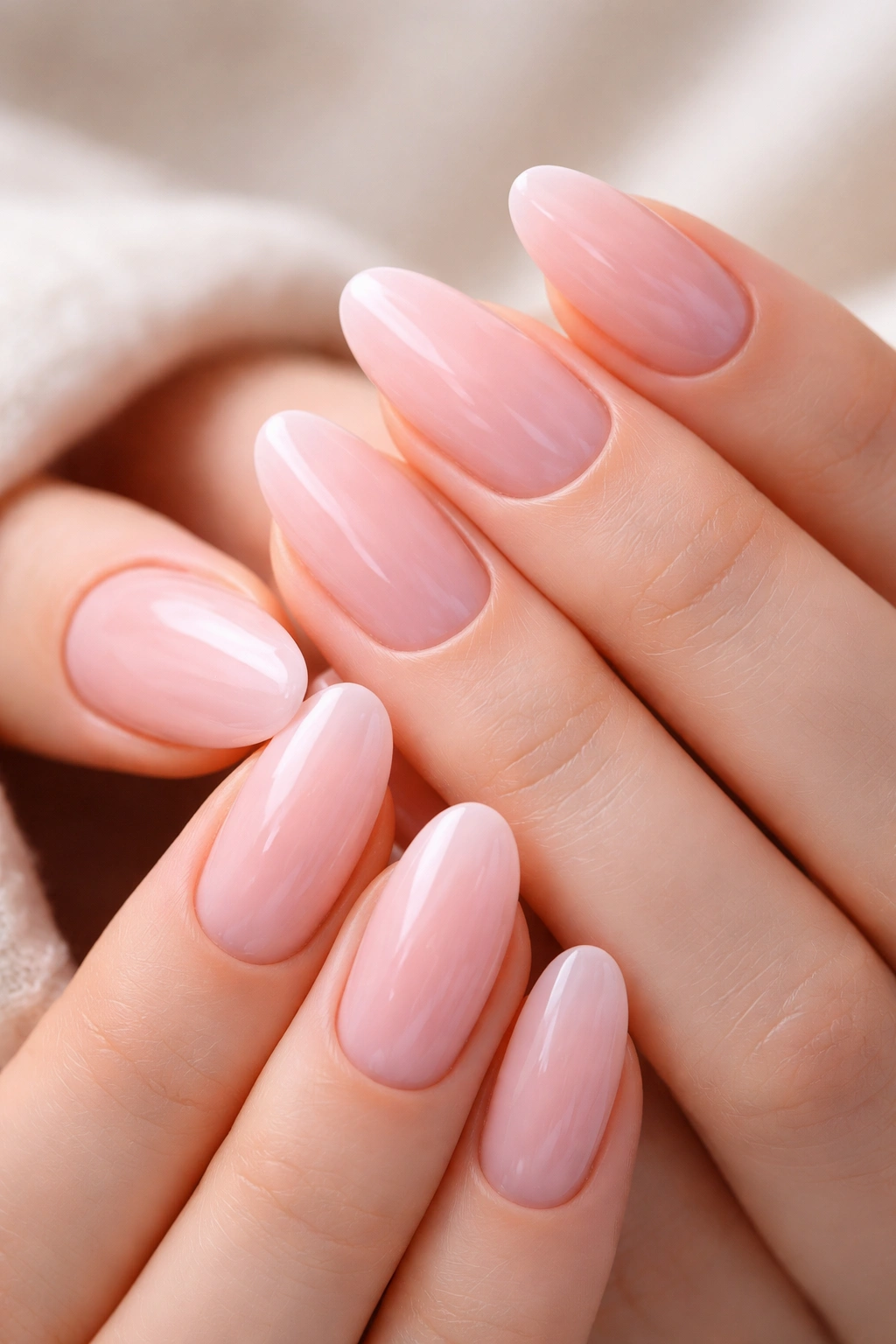 Close-up of milky pink translucent nails with jelly finish